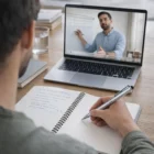 A person uses Anevo Stylus Pens to take notes during an online lecture on their laptop.