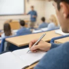 A student takes notes in class with sleek Promotional Metal Pens Steel while listening to a lecture.