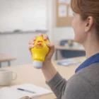A woman squeezes a yellow Blox Light Bulb Stress Ball for stress relief in a classroom.