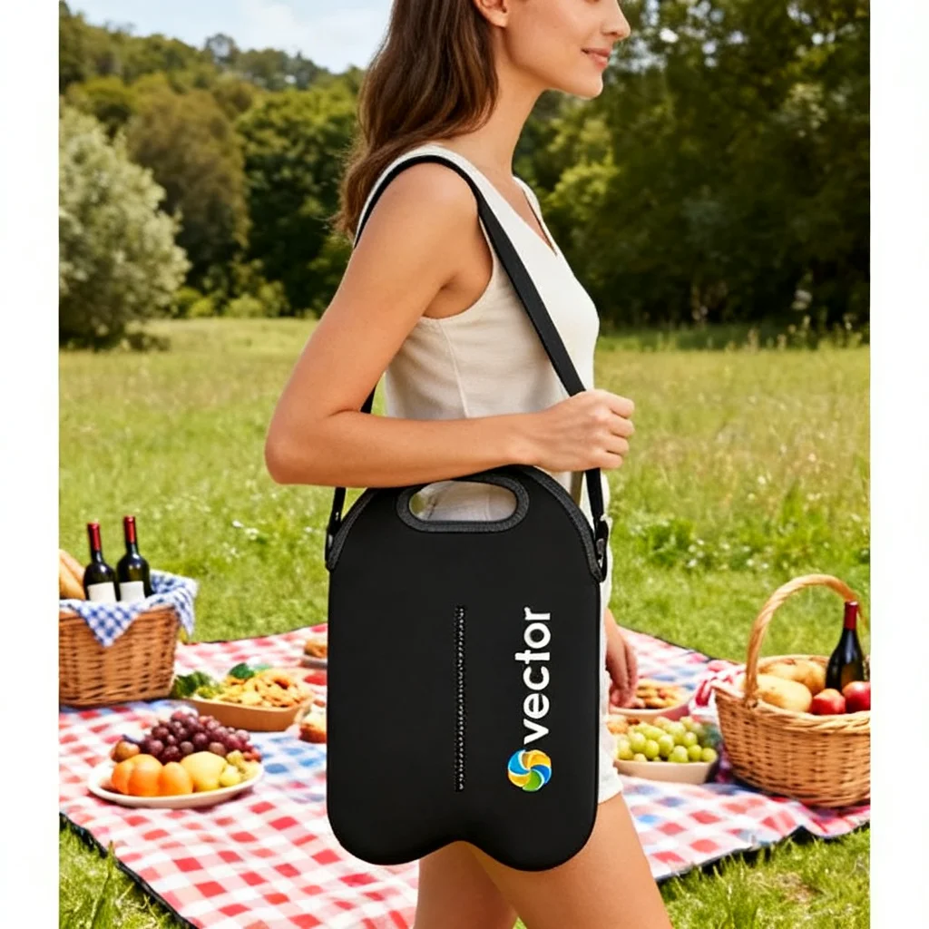 Woman with Party Wine Cooler Bag at a picnic, with fruit baskets and wine in the background.
