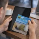 Person cleaning a tablet at a café table with Small Screen Clean Clothes.