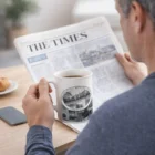 Man reading newspaper, holding a Bone China Coco Mug with coffee and a croissant at the table.