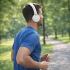 Man jogging in park, wearing blue shirt and Huntington Corporate Branded Headphones.