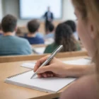 A student takes notes with Koshin Supreme Pens during a classroom lecture.