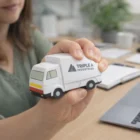 Someone holds a Stressballs Truck at a desk.
