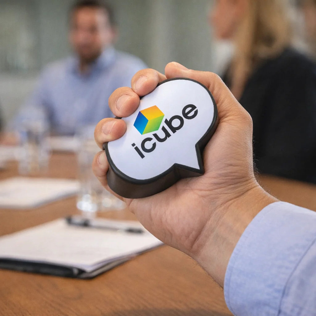 Hand holding a Stress Balls Speech Bubble with the icube logo in a meeting room.