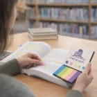 Person marking a book with The Everyday Sticky Flags at a library, holding a pad.