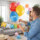 Man holding Vibex 30Cm Balloons and hanging a HAPPY banner at an indoor party.
