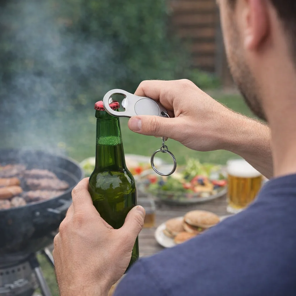 Someone opens a beer at a barbecue using Bottle Opener Key Rings, food in the background.