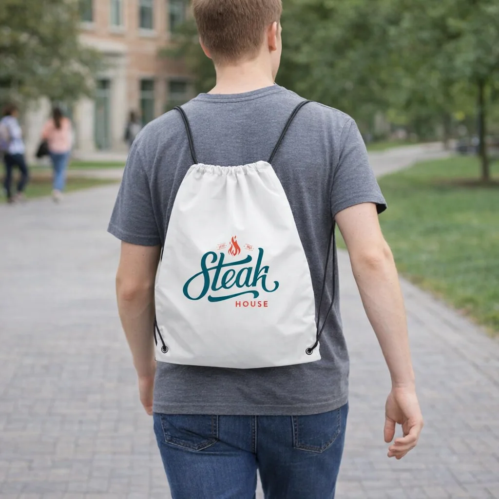 Person in a gray shirt carries a Drawstring Bag With A Full Colour Print while walking outside.