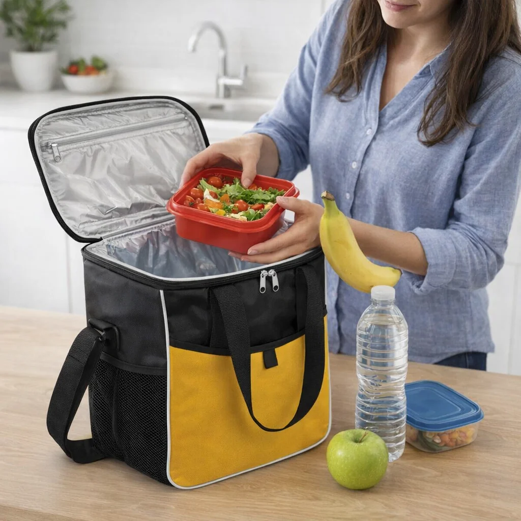 Woman packs salad in an Otelli Cooler Bag with fruit, water, and snacks on the table.