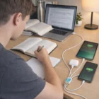 Student at desk with laptop, books, and Onix Triple Connector Cables for multi-device charging.