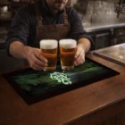 A bartender serves two pints of beer on Matrix Small Counter Mats in a cozy bar.