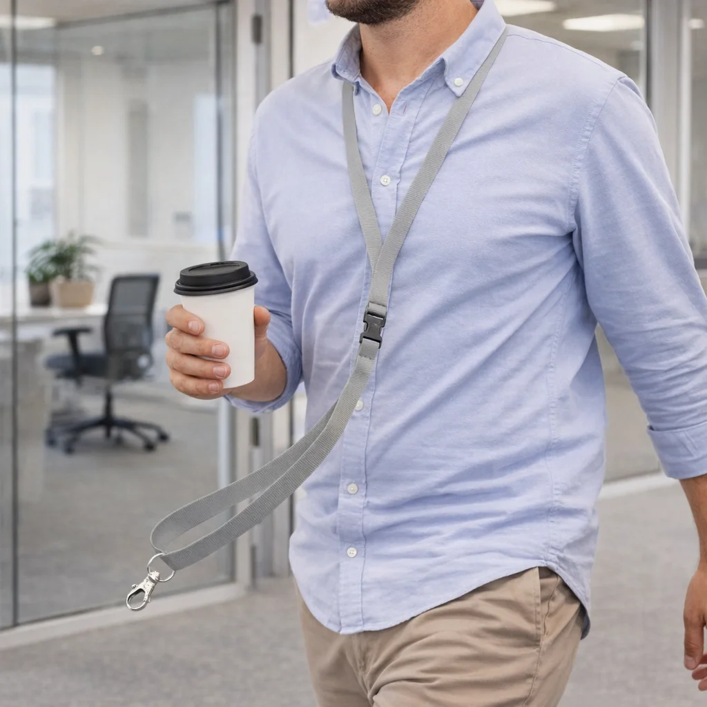 Man in light blue shirt with coffee cup, wearing a gray Ollen Lanyards lanyard at the office.