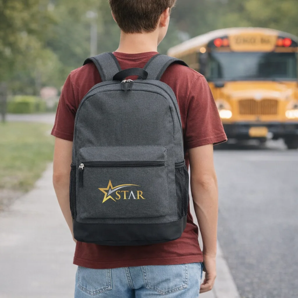 A student with a gray Uno Backpacks bag stands by a yellow school bus on the street.