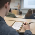 Student using a Bass Customisable Notebook to take notes in a lecture hall.