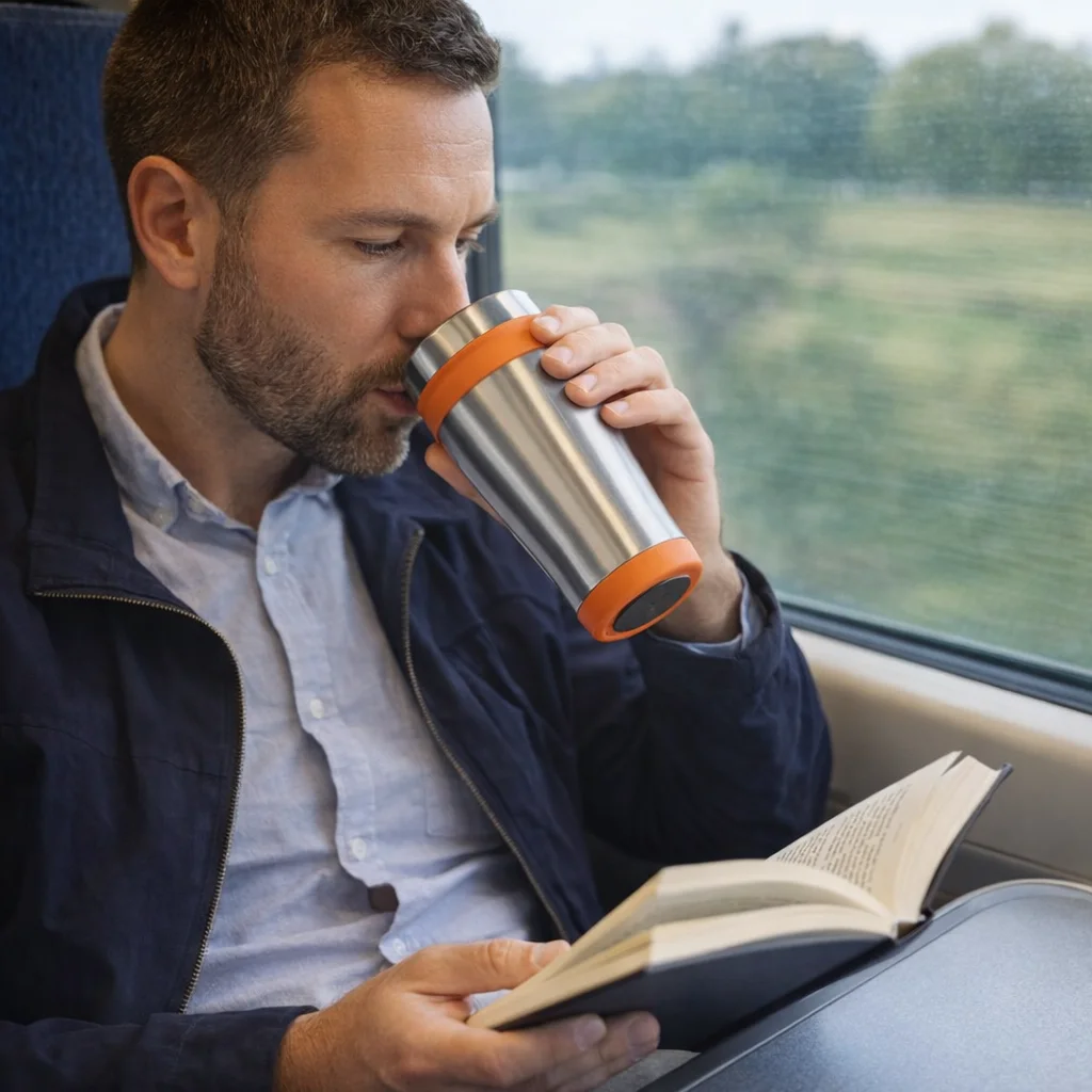 Man sipping from a Corporate Branded Toronto Mug while reading on a train.