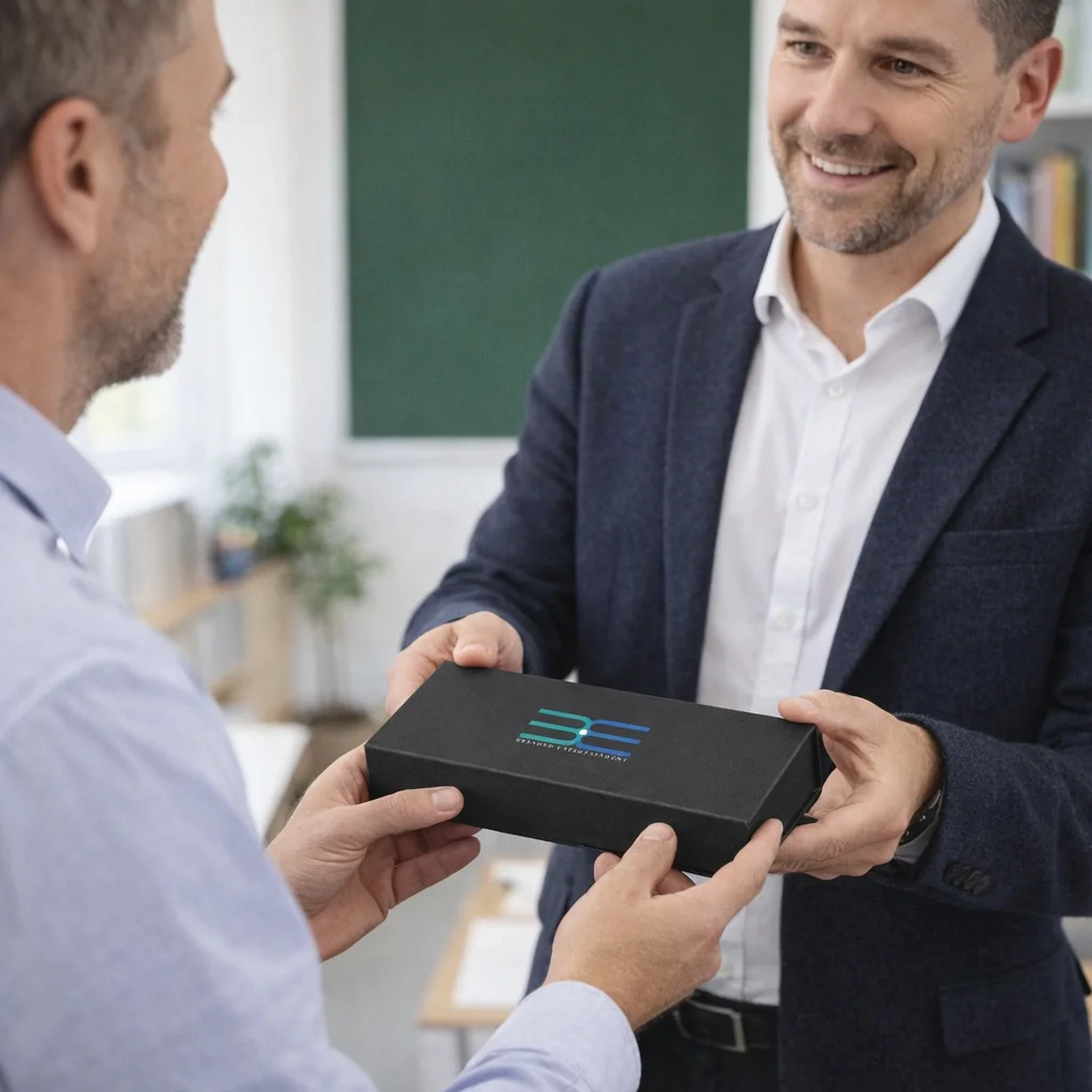 Two men exchange a Deluxe Pens Presentation Box in an office, both smiling warmly.