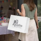 Woman with Super Size Store Gift Bags at a festive party with cake and decorations.