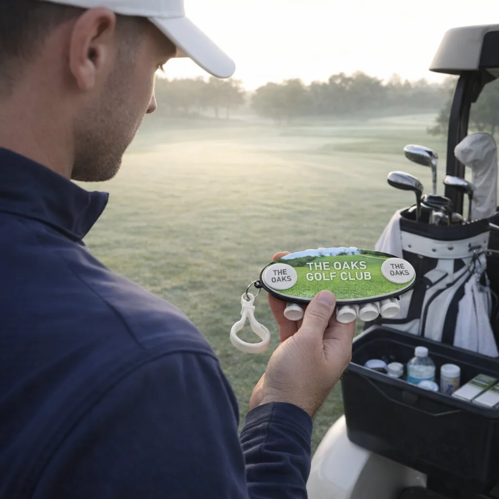 Man holding Golf Tee Holders by a golf cart on a misty course.