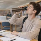Young man sipping from a Promo Stainless Steel Drink Bottle 700Ml while studying at the library.