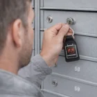Person unlocks mailbox with Baron Square Branded Keyring featuring Dodge logo.