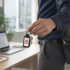 Person holding keys with a Rectangular Keychains Full Colour in an office setting.