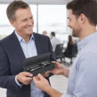 Man in suit smiles as he receives a Newmarket Boxed Pen Gift Set in an office.
