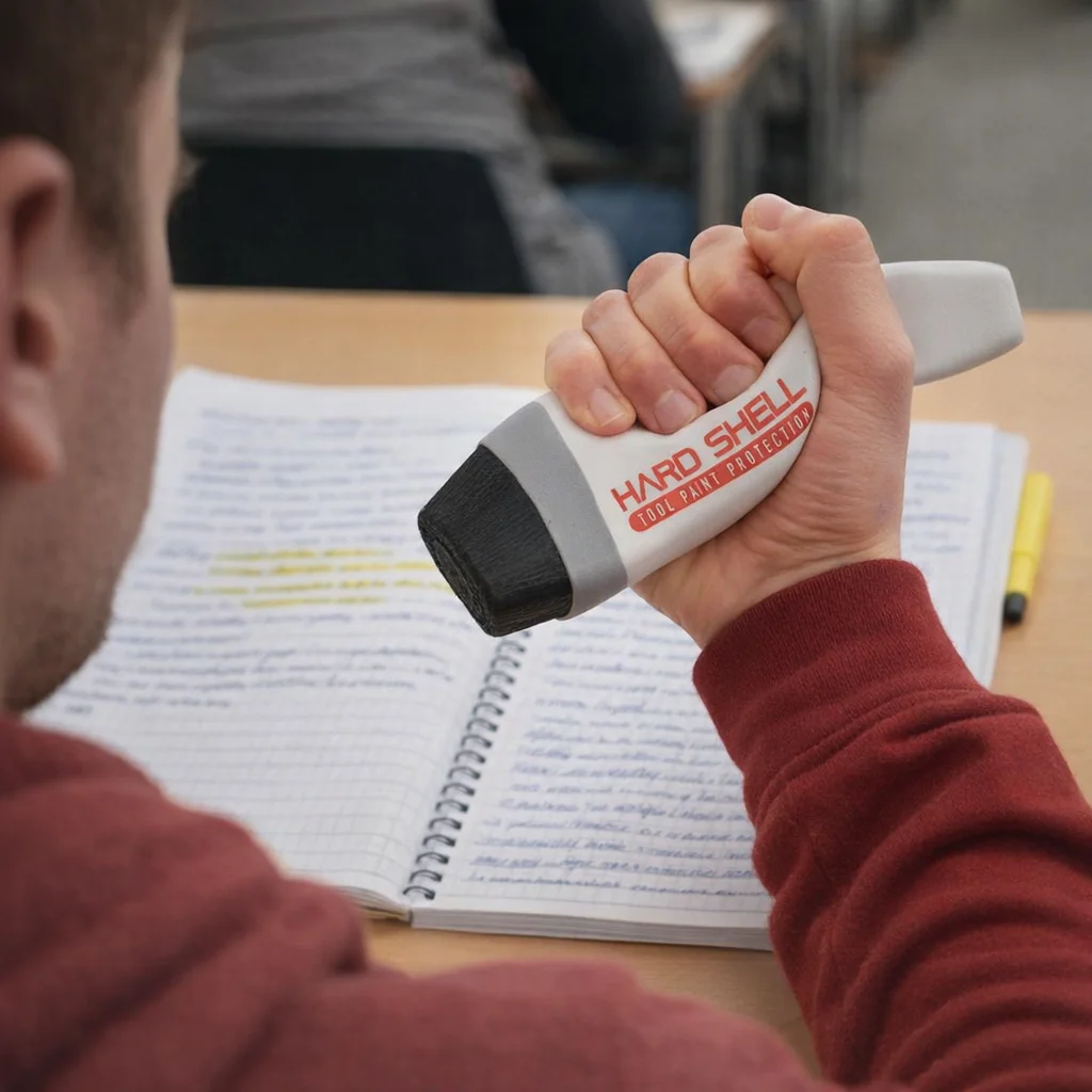 Person holding a giant fake marker, like a Paint Brush Stress Toy, over handwritten notes.