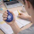 Person studies with notes, squeezing a blue Blox Waterdrop Stress Ball for stress relief.