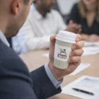 Man in a suit holding a cup, with Coffee Cup Office Stress Balls on the table behind him.