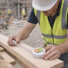 A construction worker uses a Decorated Tape Measures Eclipse to size wood at a building site.