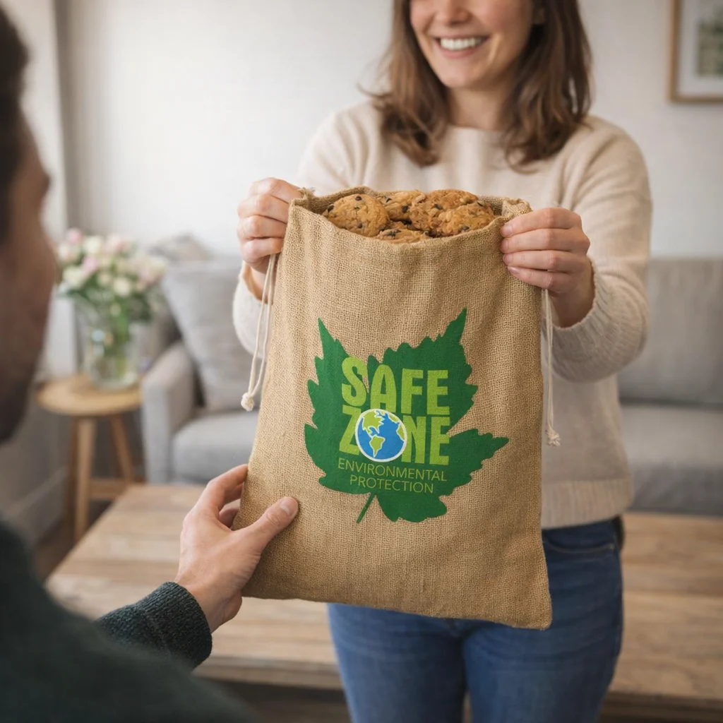Smiling woman offers cookies in Sari Jute Gift Bags Large labeled Safe Zone Environmental Protection.