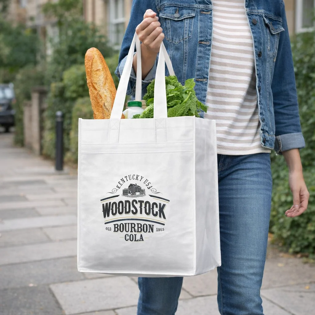 Super Shopper carrying groceries in a Super Shopper Mega Tote Bag with “Woodstock Bourbon Cola” logo.
