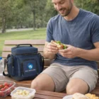Man enjoys a sandwich on a bench with Hyde Deluxe Branded Chiller Bags by his side.
