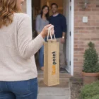 Person holding a Clemente Branded Eco Wine Bag at the door, greeting two people inside.