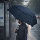 Man waits at Northam bus stop in the rain with a Northam Sports Umbrellas Colour Matched.