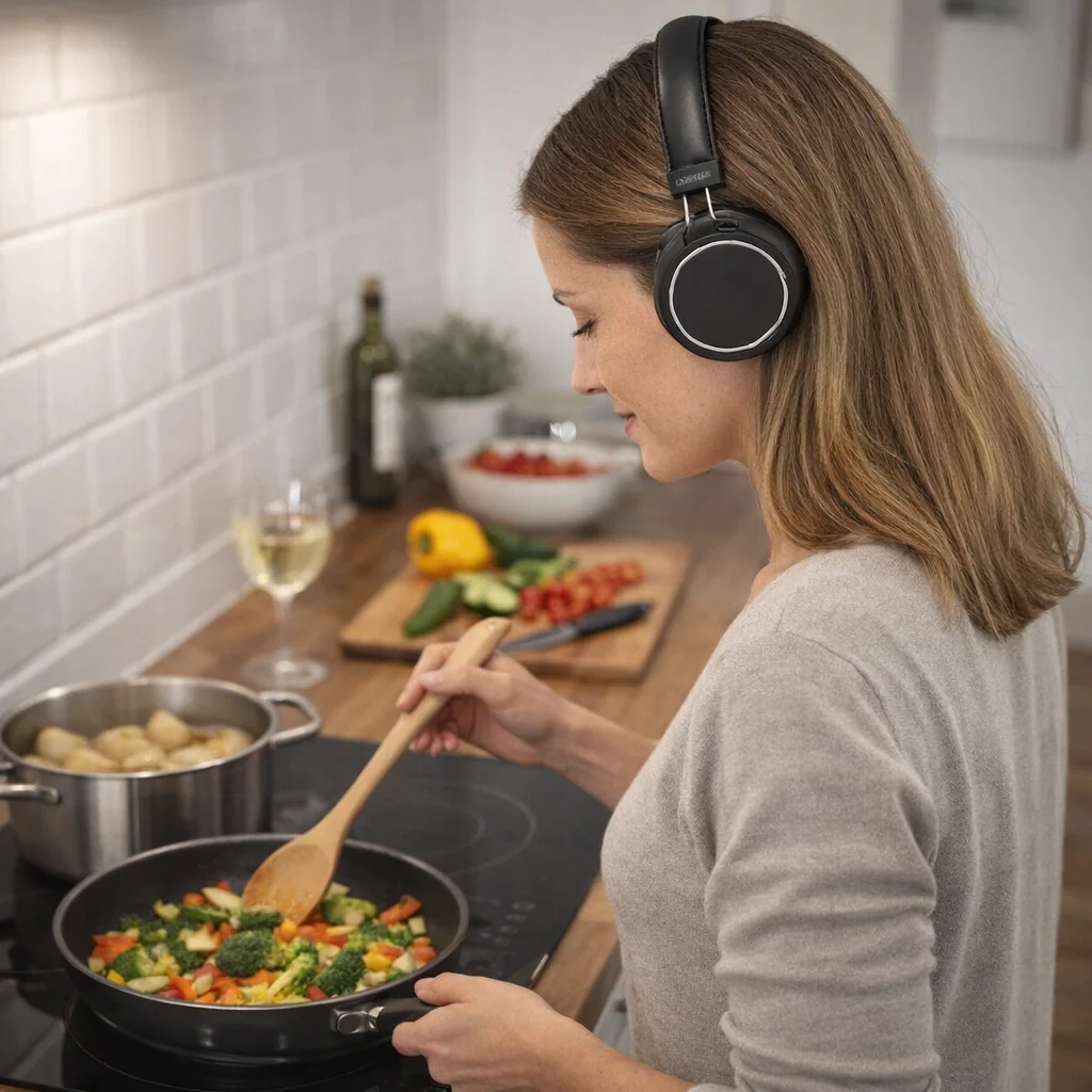 Woman in modern kitchen cooks veggies while wearing Cyberhype Bluetooth Headphones.