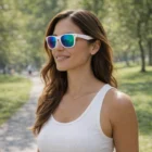 Woman smiles in Soho Mirror Lens Sunglasses and white tank on a sunlit park path.