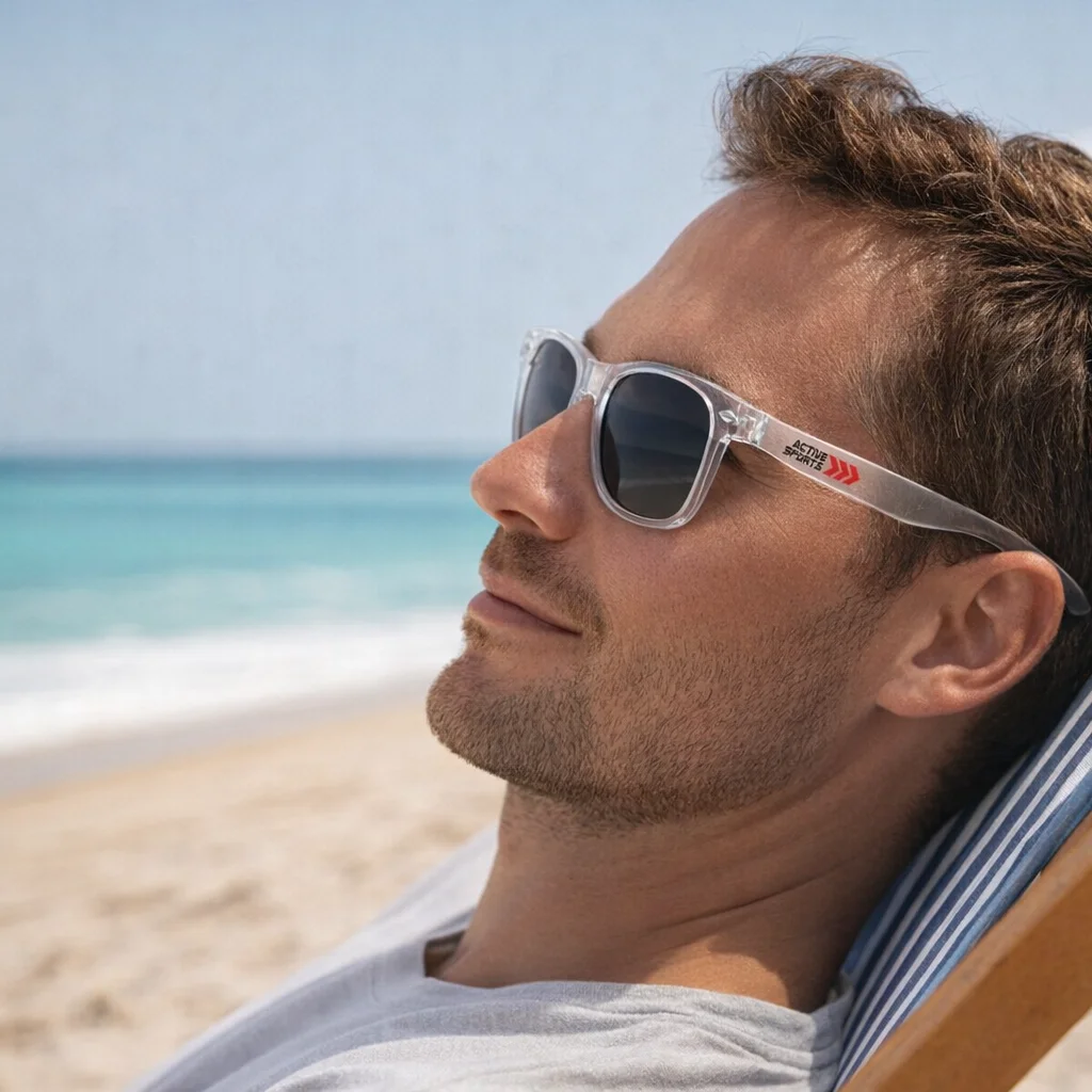 Man in Soho Translucent Sunglasses relaxes on a beach chair by the ocean on a sunny day.