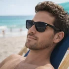 Man relaxing by the ocean wearing Soho Bottle Opener Sunglasses on a beach chair.