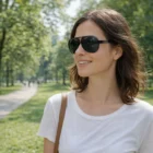 Smiling woman in Sunshade Sunglasses and white shirt in a sunny park with trees and path.