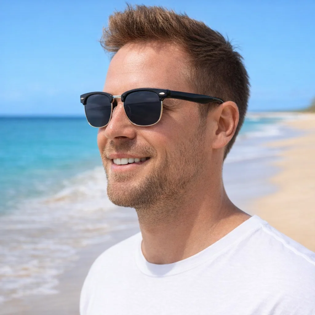 Man on sunny beach wearing Raye Sunglasses and a white t-shirt.