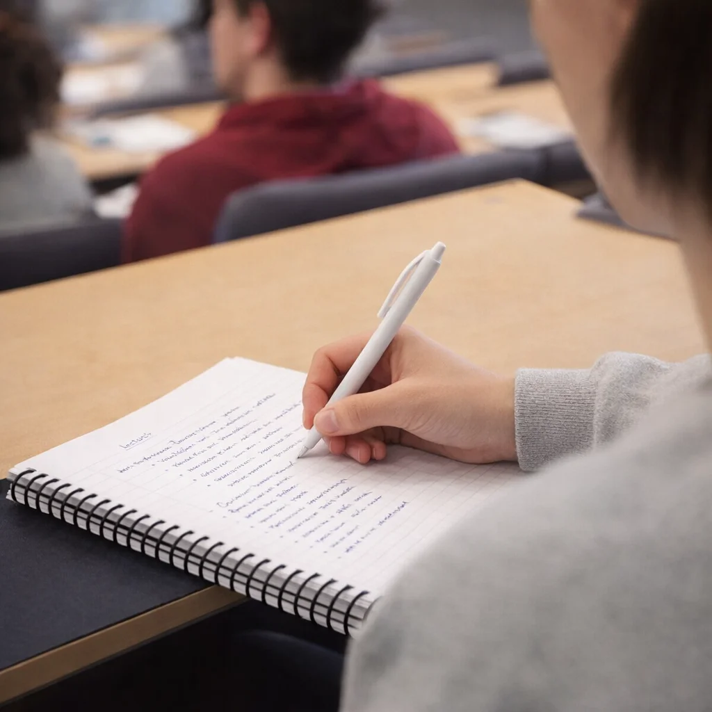 Student takes notes with a Thinkwork Pen in class, classmates seated behind.