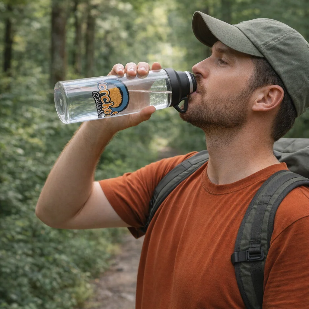 Man in orange shirt hikes in forest, sips from a Large Tritan Drink Bottle.