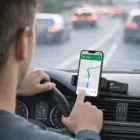 A person uses a maps app and Riley Car Phone Holders while driving.