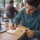 Young man in teal hoodie uses his Scribblet Notebooks Small at a café with coffee and laptop.