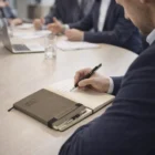 Person in suit writing in Script Notebooks With Pens at meeting table with colleagues and laptop.