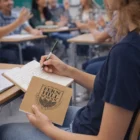 Student writes in Scribblet Notebooks Large, holding Fern Hill School folder in class.