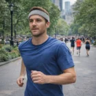 Man jogs in the park wearing a blue Toffa Head Sweat Band, with people in the background.